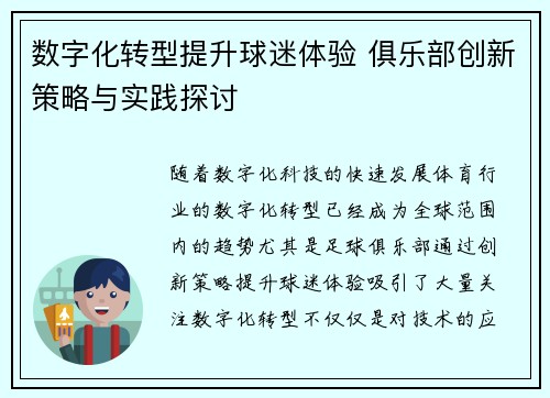 数字化转型提升球迷体验 俱乐部创新策略与实践探讨
