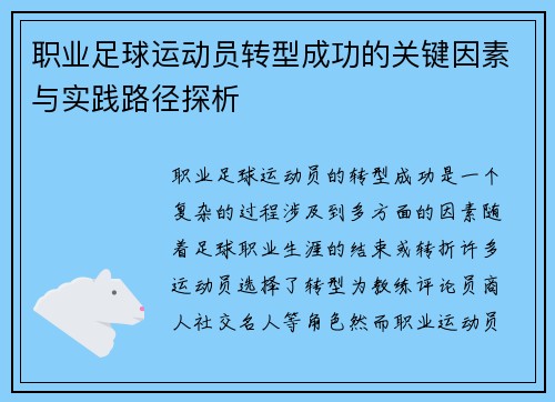 职业足球运动员转型成功的关键因素与实践路径探析